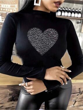 Women's Black Long-Sleeve Rhinestone Heart Tee